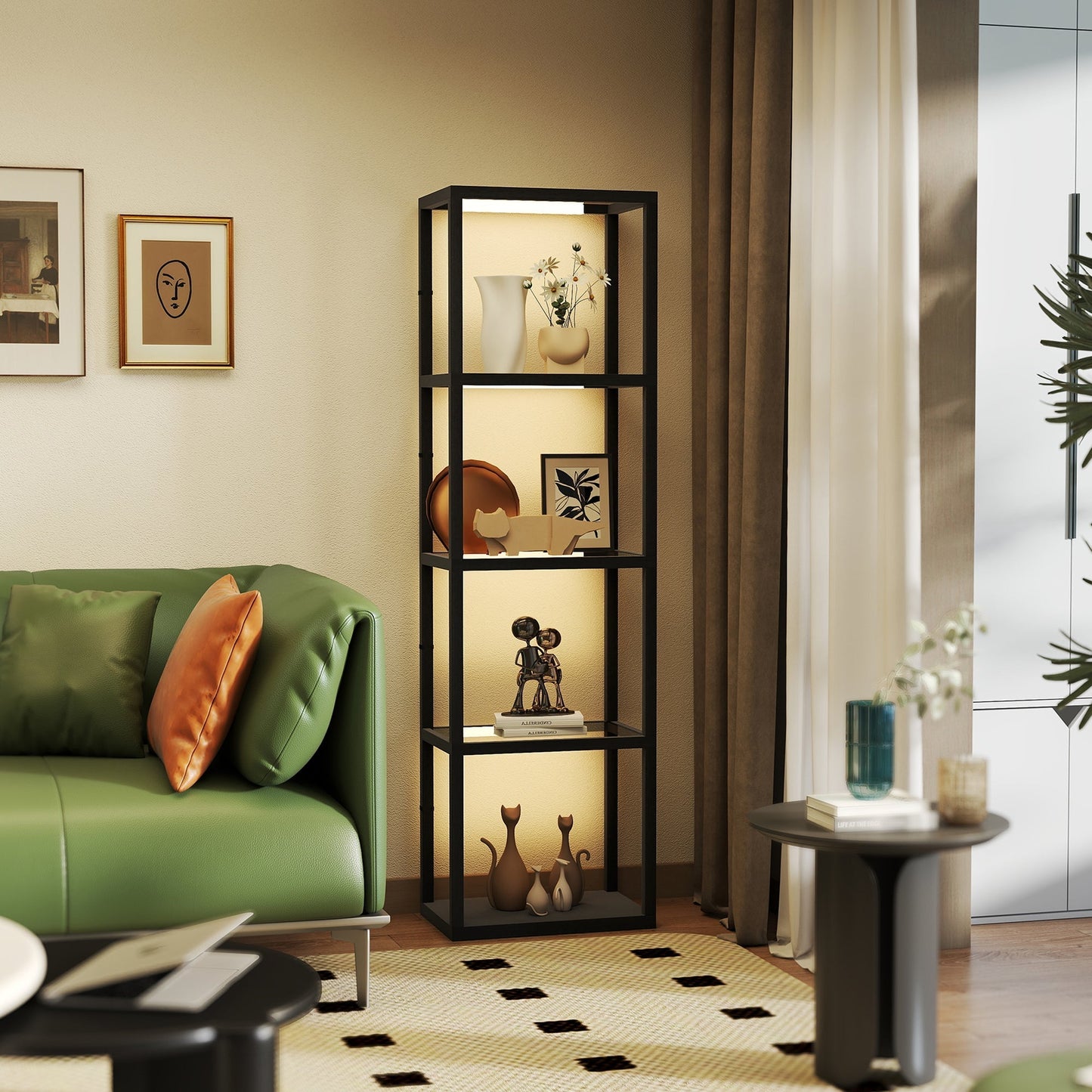 HOMCOM LED Floor Lamp with Glass Shelves, 4 Layers Dimmable Tall Standing Lamp, Modern Column Shelf Floor Light for Living Room, Bedroom, Office, Black