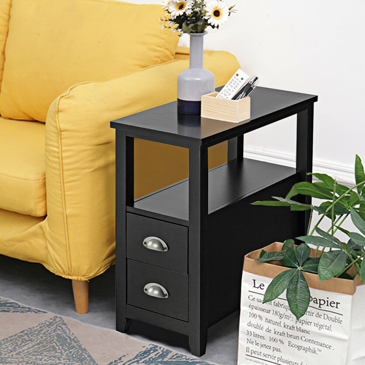 Retro Side Table Nightstand with 2 Drawers Stroage-Black