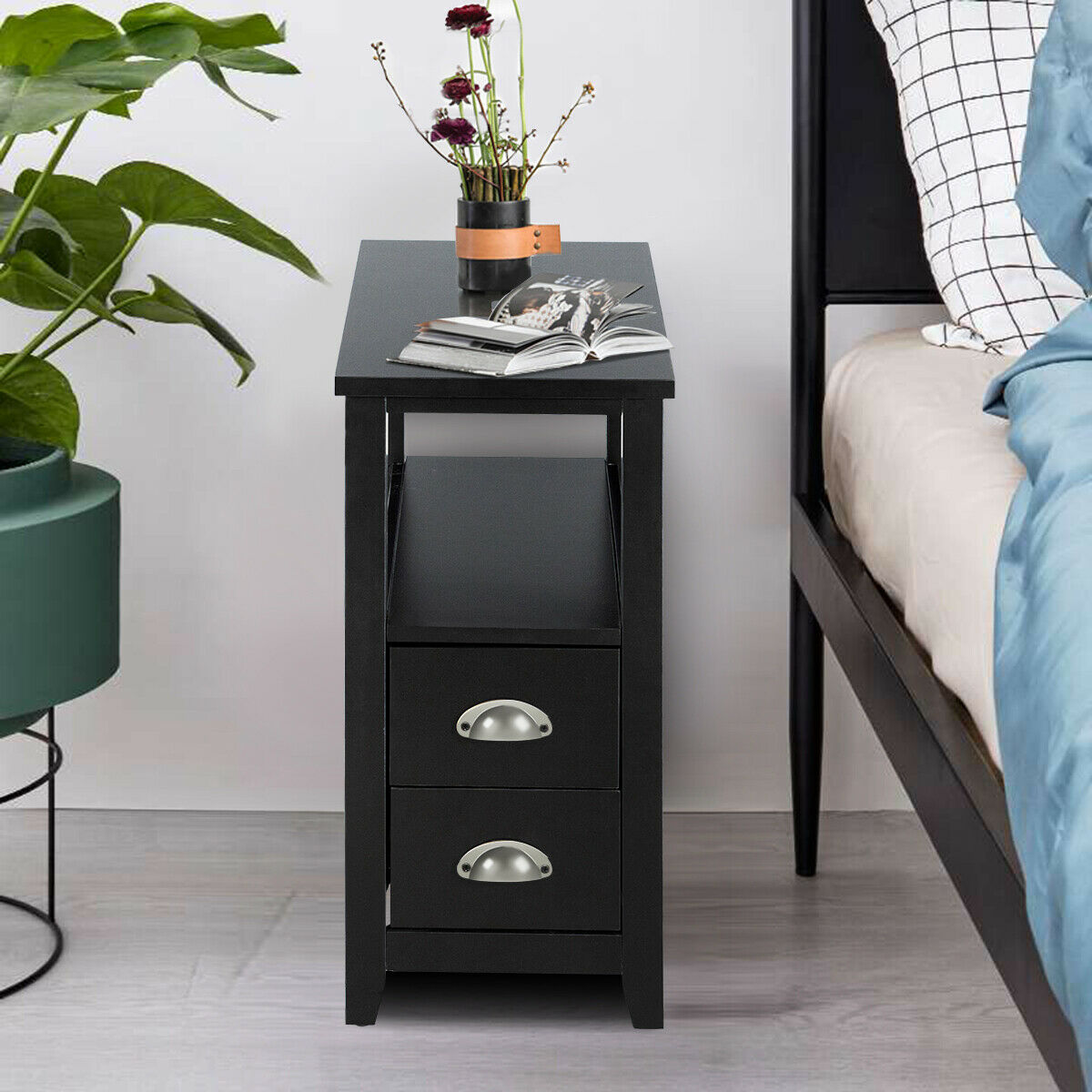 Retro Side Table Nightstand with 2 Drawers Stroage-Black