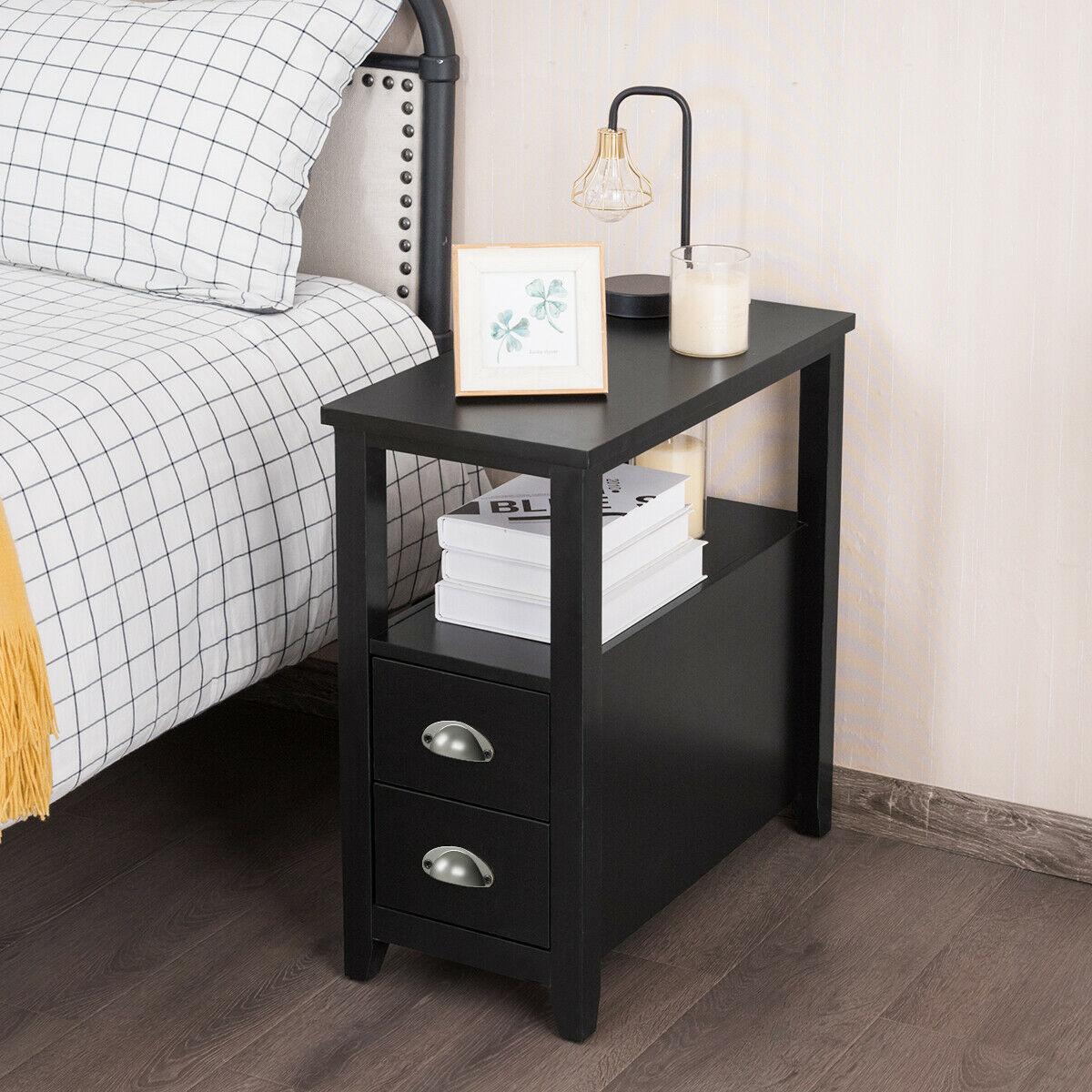 Retro Side Table Nightstand with 2 Drawers Stroage-Black