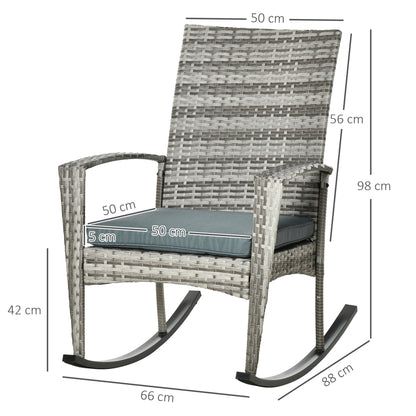 Outsunny Outdoor PE Rattan Rocking Chair Set of 2, Zestaw ogrodowych bujanych krzeseł z podłokietnikiem i poduszką, jasnoszary