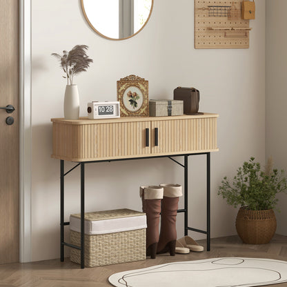 HOMCOM Console Table 2-Compartment Storage Hallway Table Steel Frame for Entryway Living Room 100 cm Oak Tone Black