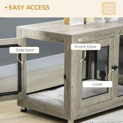 PawHut Two-In-One Dog Cage & Side Table, with Two Doors, Cushion, for Large Dogs