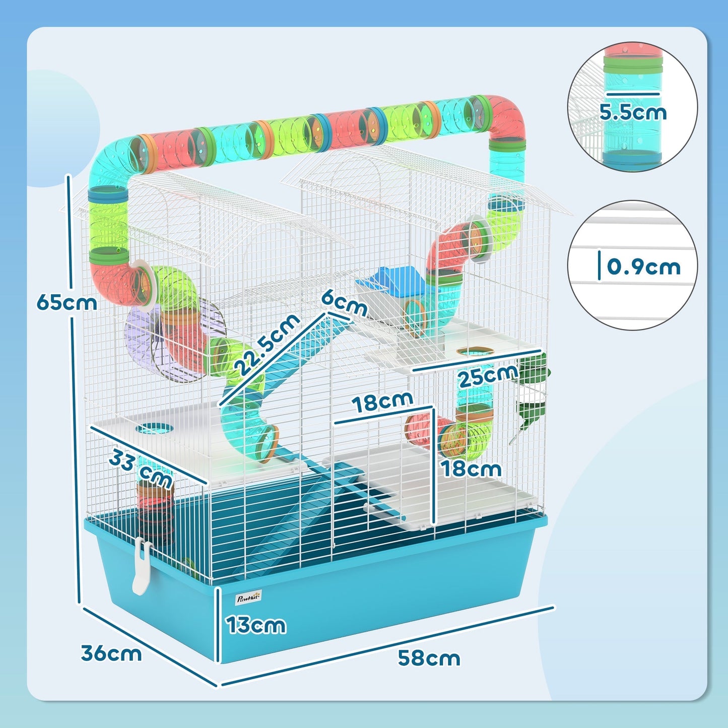 PawHut 4 Tier Hamster Cage w/ Tubes, Exercise Wheel, Hut, Water Bottle, Food Dish, Ramps, for Dwarf Hamster, Light Blue