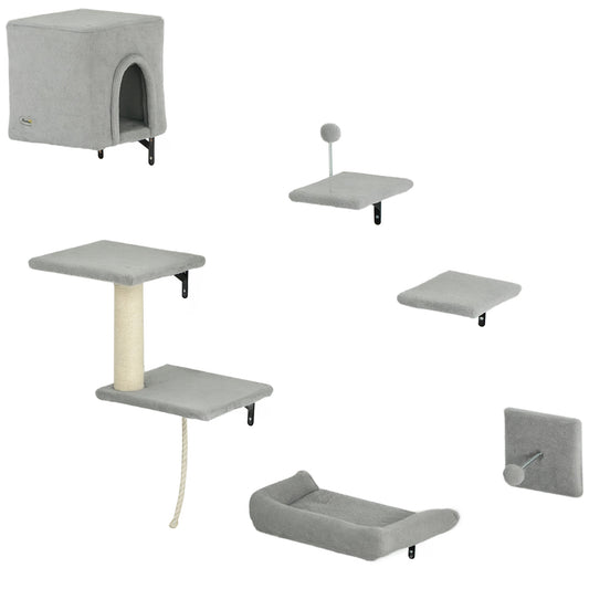 PawHut 6-Piece Cat Wall Shelves Set with Condo, Cat Wall Furniture with Platforms, Sisal Scratching Post, Bed, Toy Ball, Grey