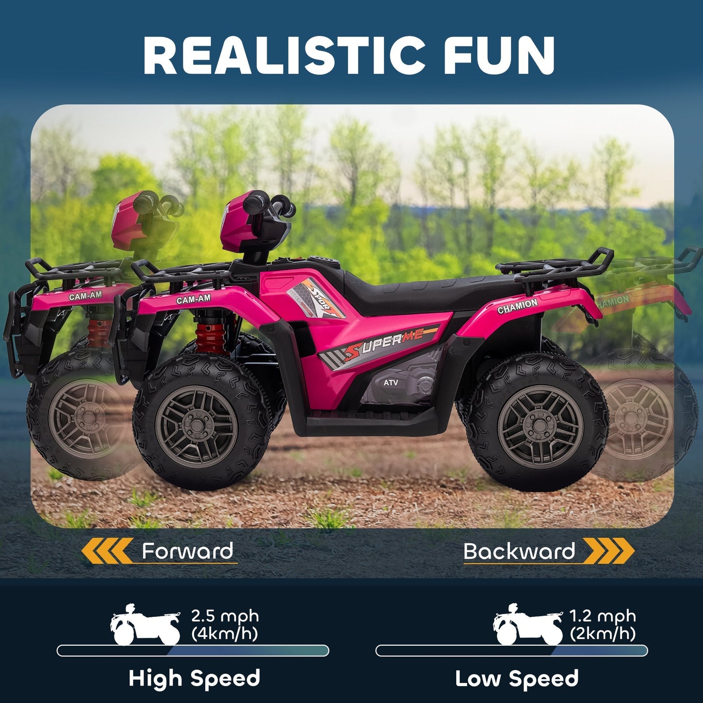 HOMCOM 12V Kids Quad Bike with Forward, Reverse Functions, Ride-On ATV w/ Music, LED, Headlights, for Ages 3-5 Years - Pink