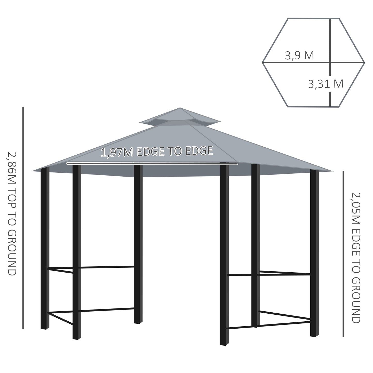 Outsunny 3 x 3(m) Hexagon Gazebo Patio Canopy Party Tent Outdoor Garden Shelter z 2-poziomowym dachem i panelem bocznym - szary