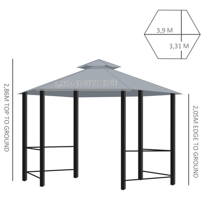 Outsunny 3 x 3(m) Hexagon Gazebo Patio Canopy Party Tent Outdoor Garden Shelter z 2-poziomowym dachem i panelem bocznym - szary