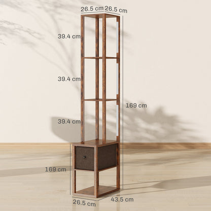 HOMCOM Floor Lamp with Shelves, LED Column Modern Standing Lamp with Fabric Drawer, Adjustable Brightness, Foot Switch for Living Room, Bedroom, Office, Rustic Brown