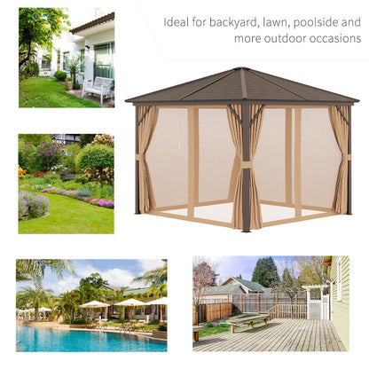 Outsunny 3 x 3 m Hardtop Gazebo with Netting and Curtains, Garden Gazebo Canopy Shelter with Metal Roof, Aluminium Frame, for Garden, Lawn, Deck, Brown