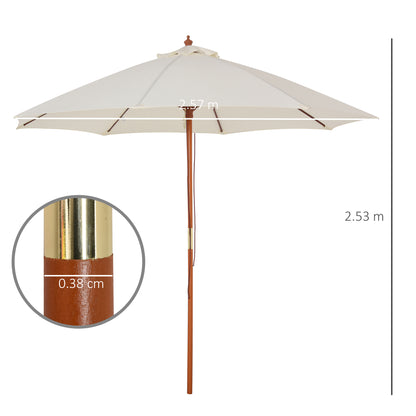 Outsunny 2.5m Garden Parasol Umbrella, Outdoor Market Table Umbrella with Wooden Pole & 8 Fibre Glass Ribs, Round Sun Shade Canopy, Off-White