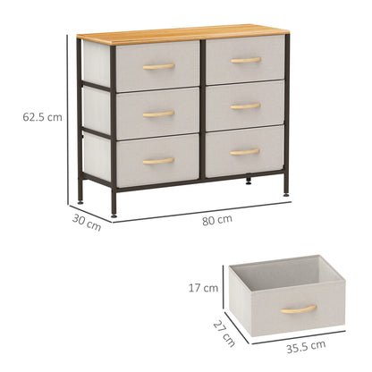 HOMCOM Fabric Chest of Drawers, Industrial Bedroom Dresser with 6 Fabric Drawers, Steel Frame and Wooden Top for Nursery, Living Room, Hallway, Cream White