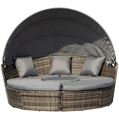 Outsunny Outdoor PE Rattan Garden Furniture with Cushioned, Patio Wicker Conversation Furniture Set, Round Daybed with Retractable Canopy, Coffee Table and Three Pillows, Dark Grey