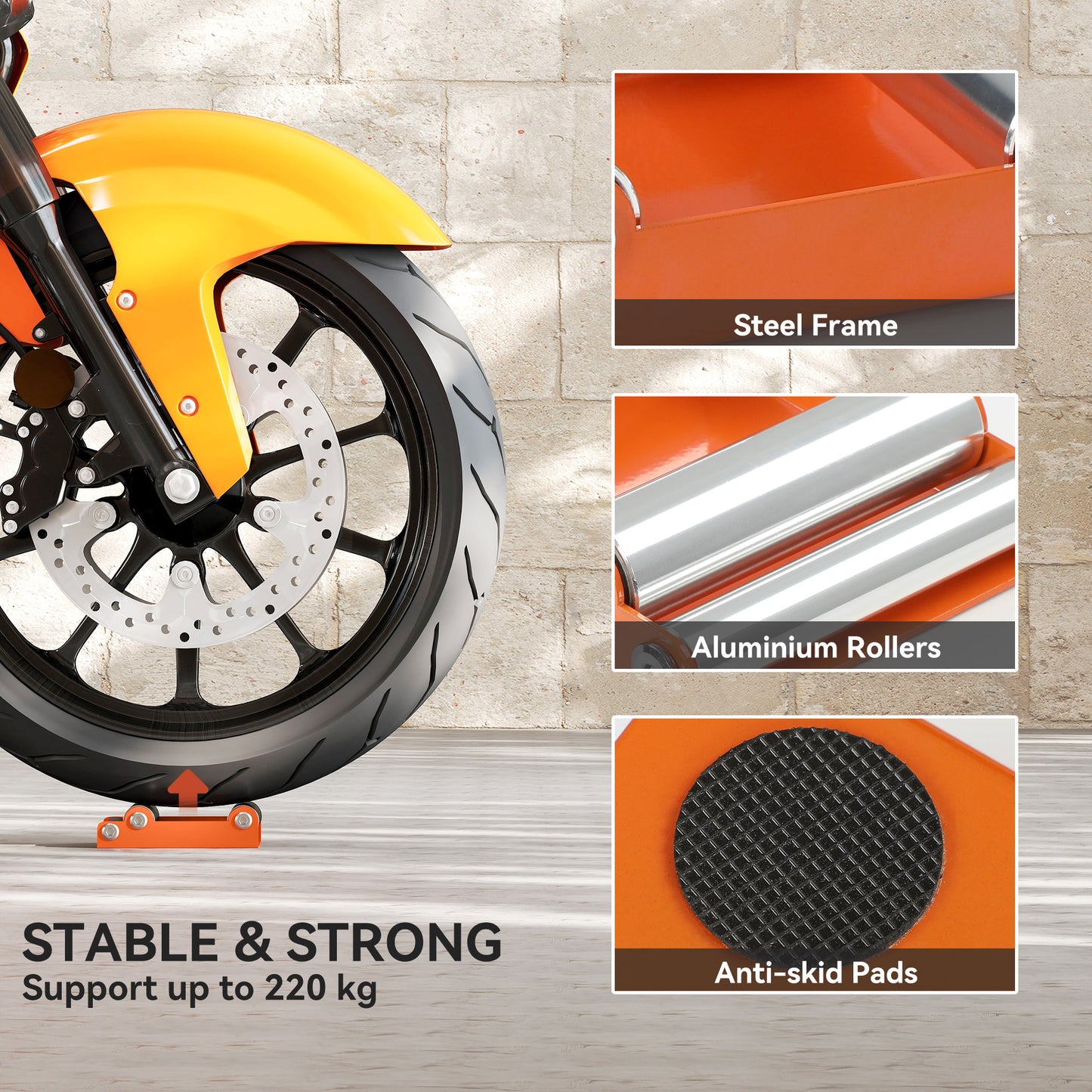 Stojak rolkowy do czyszczenia kół motocyklowych HOMCOM ze stalową ramą, rolki aluminiowe, stojak do konserwacji motocykli do czyszczenia opon i smarowania łańcucha, pasuje do szerokości opony &lt; 180 mm, rowery &lt; 485 funtów, pomarańczowy