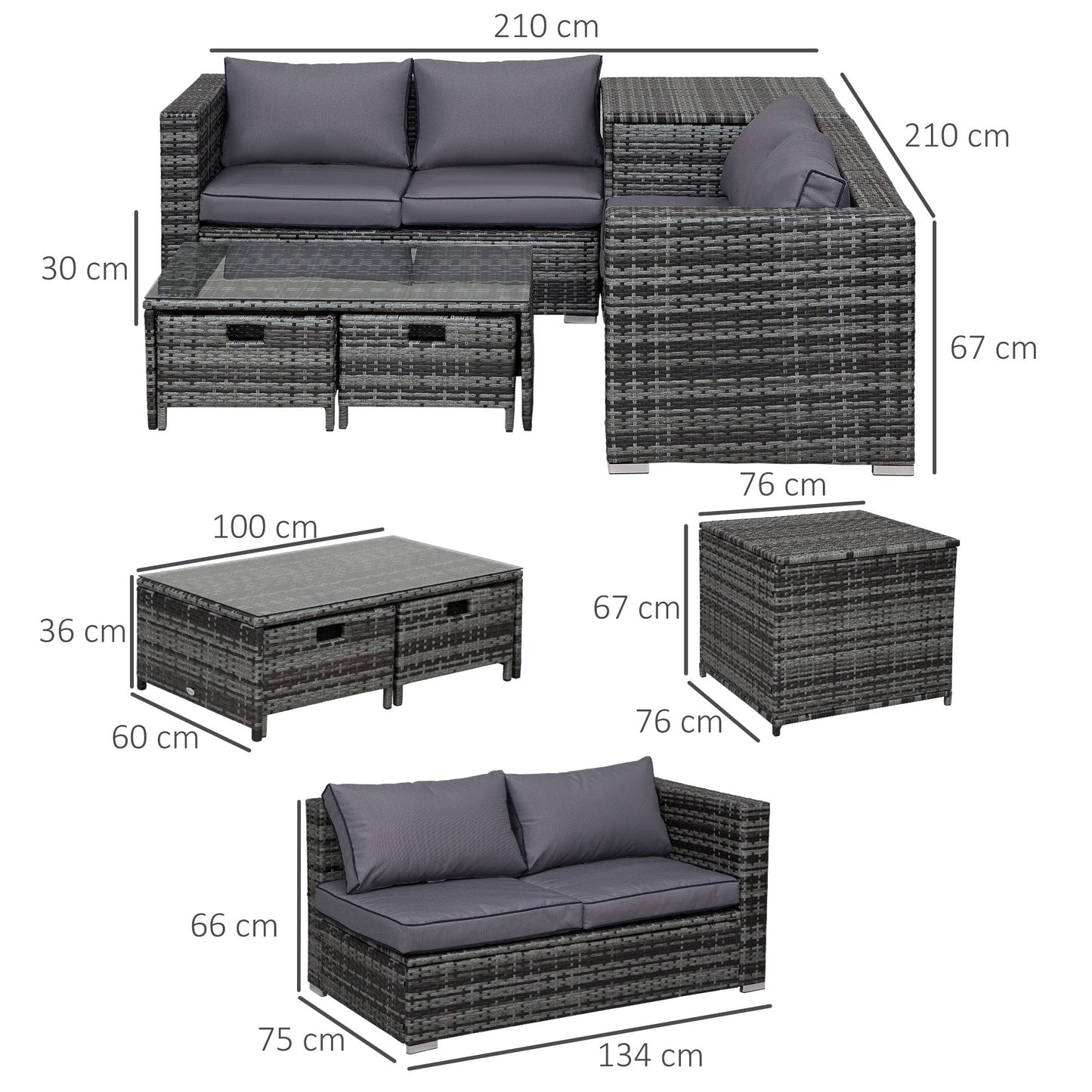 Outsunny 4 Pcs Rattan Wicker Garden Furniture Patio Sofa Storage & Table Set w/ 2 Drawers Coffee Table,Great Cushioned 4 Seats Corner Sofa - Grey