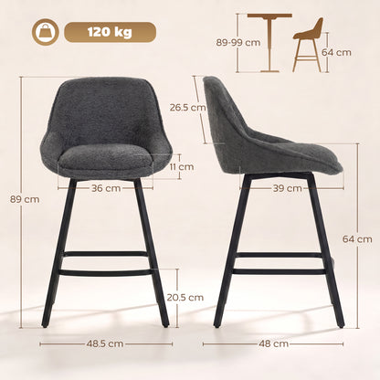 HOMCOM Bar Stools Set of 2, 64 cm Modern Linen-Touch Fabric 360° Swivel Counter Height Bar Chairs, Dark Grey