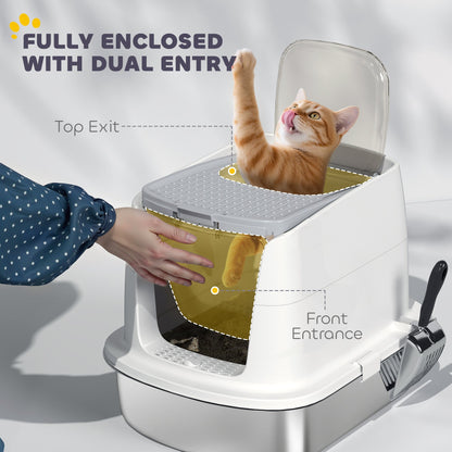 PawHut Large Stainless Steel Litter Box, Enclosed Metal Cat Litter Tray with Scoop, Deodoriser Bag, Front-Entry and Top-Exit