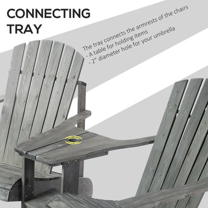 Drewniana sofa ogrodowa Outsunny Double Adirondack Chairs z podwójnymi krzesłami, stolikiem centralnym i otworem na parasol, meble ogrodowe do wypoczynku i relaksu, kolor szary
