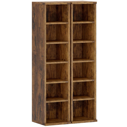 HOMCOM Set of 2 CD Media Display Shelf Unit Tower Rack with Adjustable Shelves, Rustic Brown
