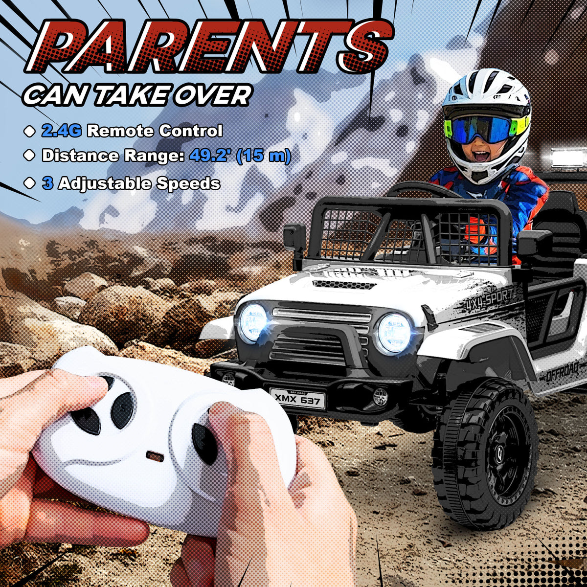 AIYAPLAY 12V Battery Powered Kids Ride-On Car, Electric Truck w/ Spring Suspension, Remote, Music, Horn, Lights, White