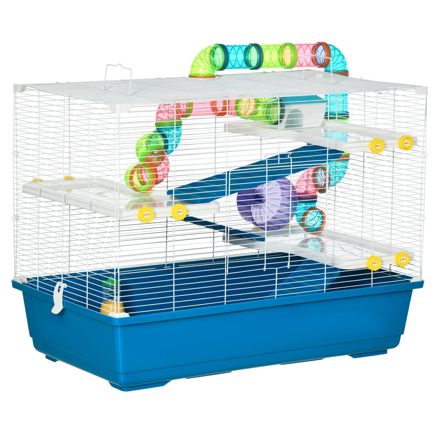 PawHut Large Hamster Cage with Tubes, Multilevel Rodent House with Exercise Wheel, Gerbil Cage with Water Bottle, Food Dish, Ramps 79 cm x 46 cm x 60 cm- Blue