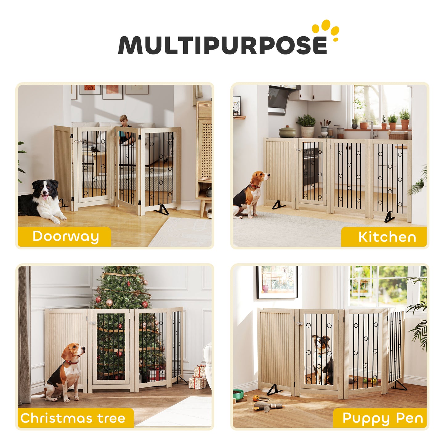 PawHut 4 Panel Freestanding Pet Gate, Indoor Dog Barrier with Lockable Door, Support Feet, 360Â° Flexible Hinges, Oak