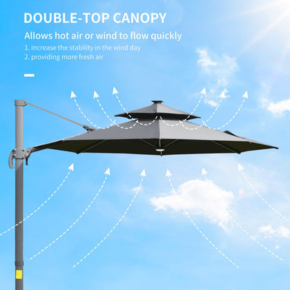 Outsunny 3m Cantilever Parasol w/ Solar Lights Power Bank Cross Base Adjustable Canopy 360° Spin Outdoor Garden Umbrella 2-Tier Roof Sun Shade Grey