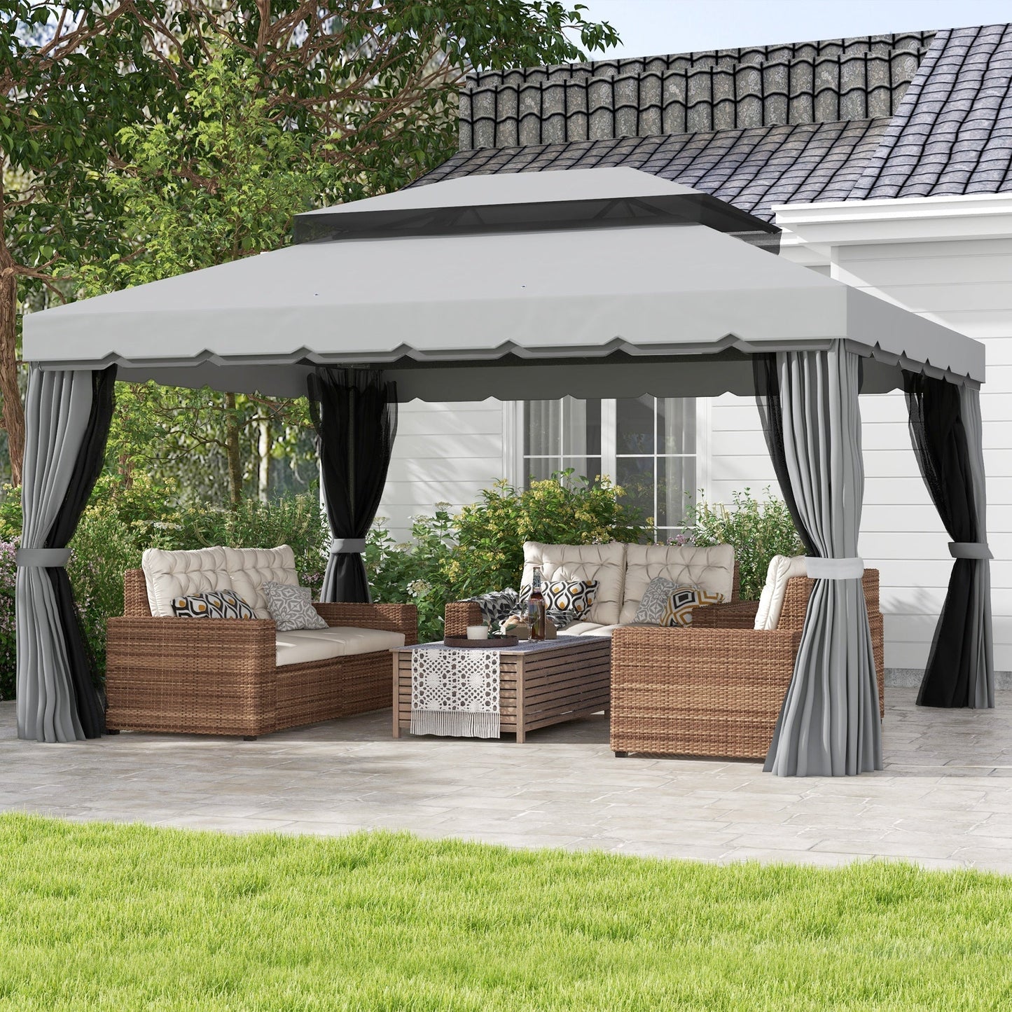 Outsunny 3 x 4m Aluminium Garden√Ç Gazebo, Marquee Canopy Shelter Pavilion Party Tent with Nets and Curtains for Garden and Deck, Light Grey