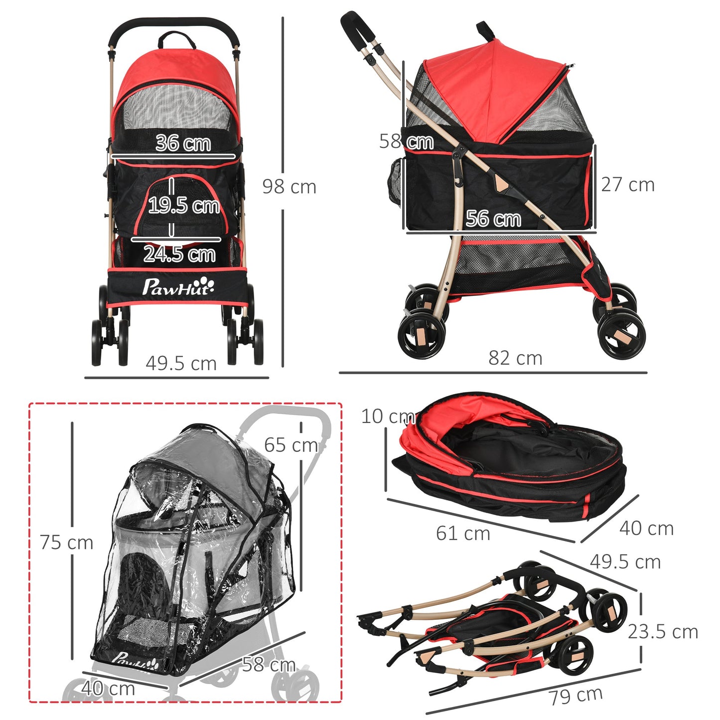 PawHut Detachable Pet Stroller with Rain Cover, 3 In 1 Cat Dog Pushchair, Foldable Carrying Bag w/ Universal Wheels, Brake, Canopy, Basket, Storage Bag for Small and Tiny Dogs - Red