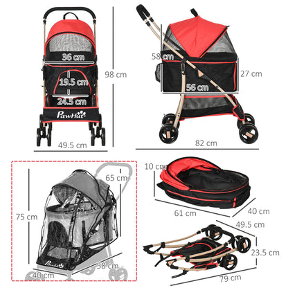 PawHut Detachable Pet Stroller with Rain Cover, 3 In 1 Cat Dog Pushchair, Foldable Carrying Bag w/ Universal Wheels, Brake, Canopy, Basket, Storage Bag for Small and Tiny Dogs - Red