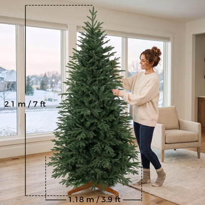 HOMCOM 7ft Artificial Christmas Tree Full Hinged Xmas Tree Solid Pine Wood Stand, Green