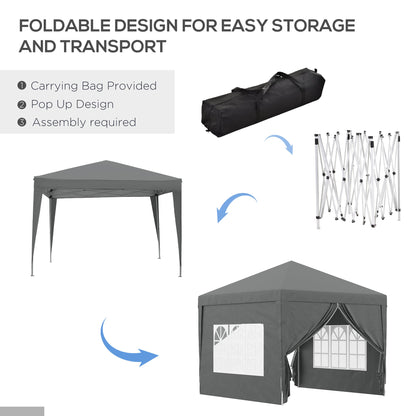 Outsunny 3 x 3 m Pop Up Gazebo Party Tent Canopy Wedding Camping Marquee z torbą transportową i 2 oknami, szary
