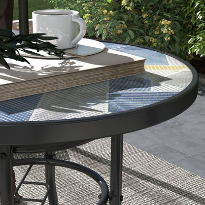 Outsunny Tempered Glass Top Garden Table with Glass Printed Design, Steel Frame, Foot Pads for Porch, Balcony, Multicolour