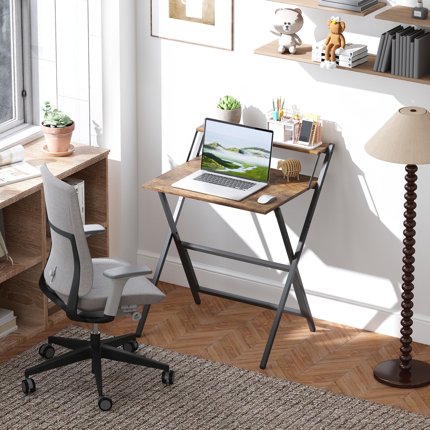 HOMCOM 70 cm Folding Computer Desk with Monitor Shelf - Rustic Brown