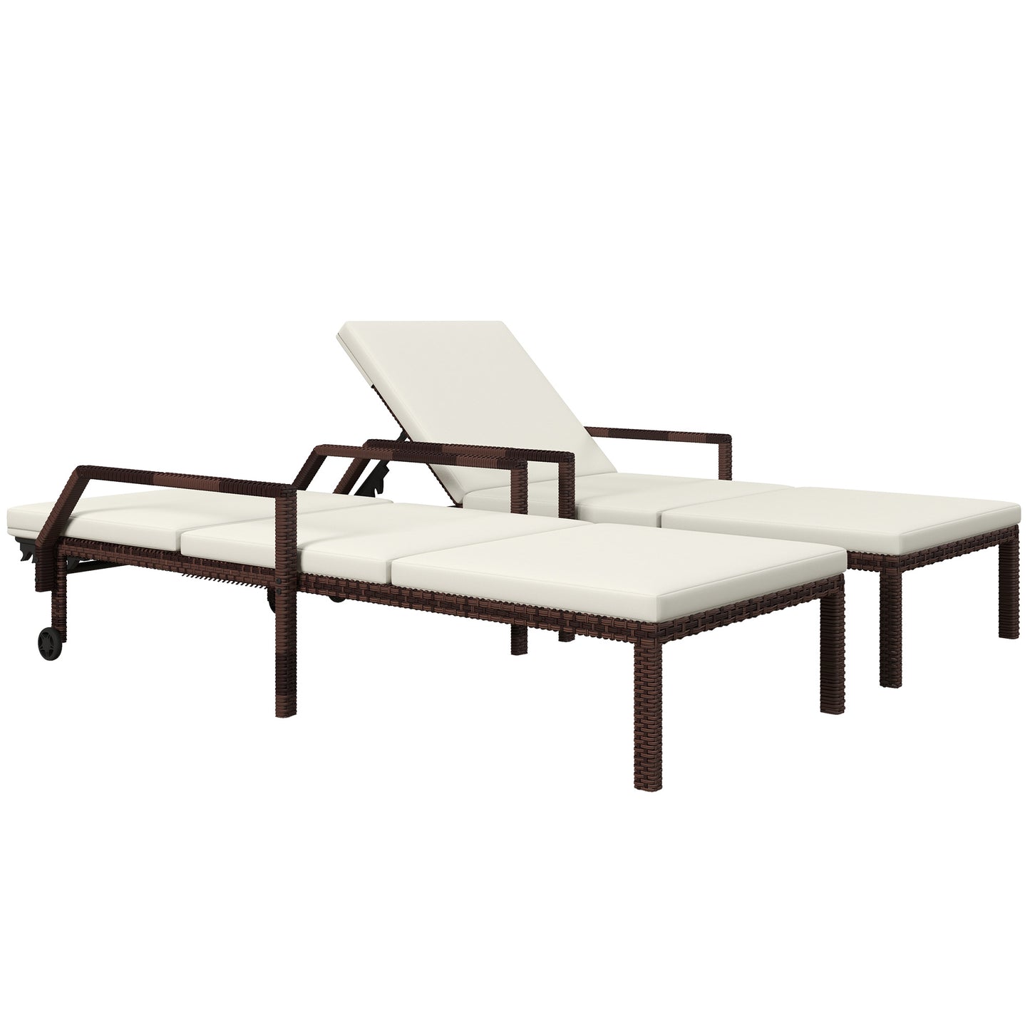 Outsunny Outdoor PE Rattan Sun Lounger Set of 2, Wicker Chaise Recliner Garden Chair z 5-poziomowym regulowanym oparciem i 2 kółkami, kremowo-biały