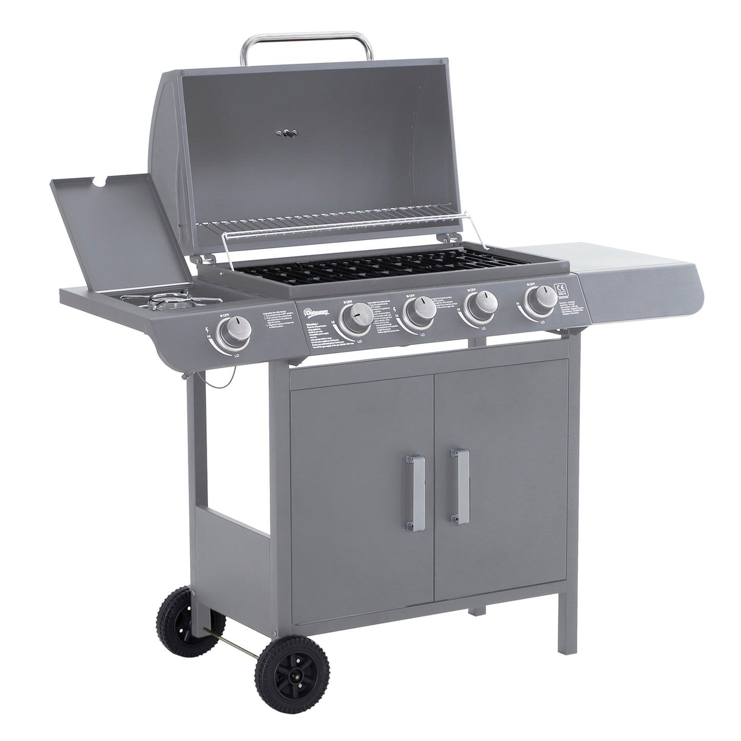 Grill gazowy Outsunny 4+1 Burner, wózek do grillowania na zewnątrz z kółkami, rusztem do podgrzewania, półkami bocznymi, szafką, termometrem do ogrodu, na imprezę, na kemping, 125 dł. x 51 szer. x 100 wys. cm, szary