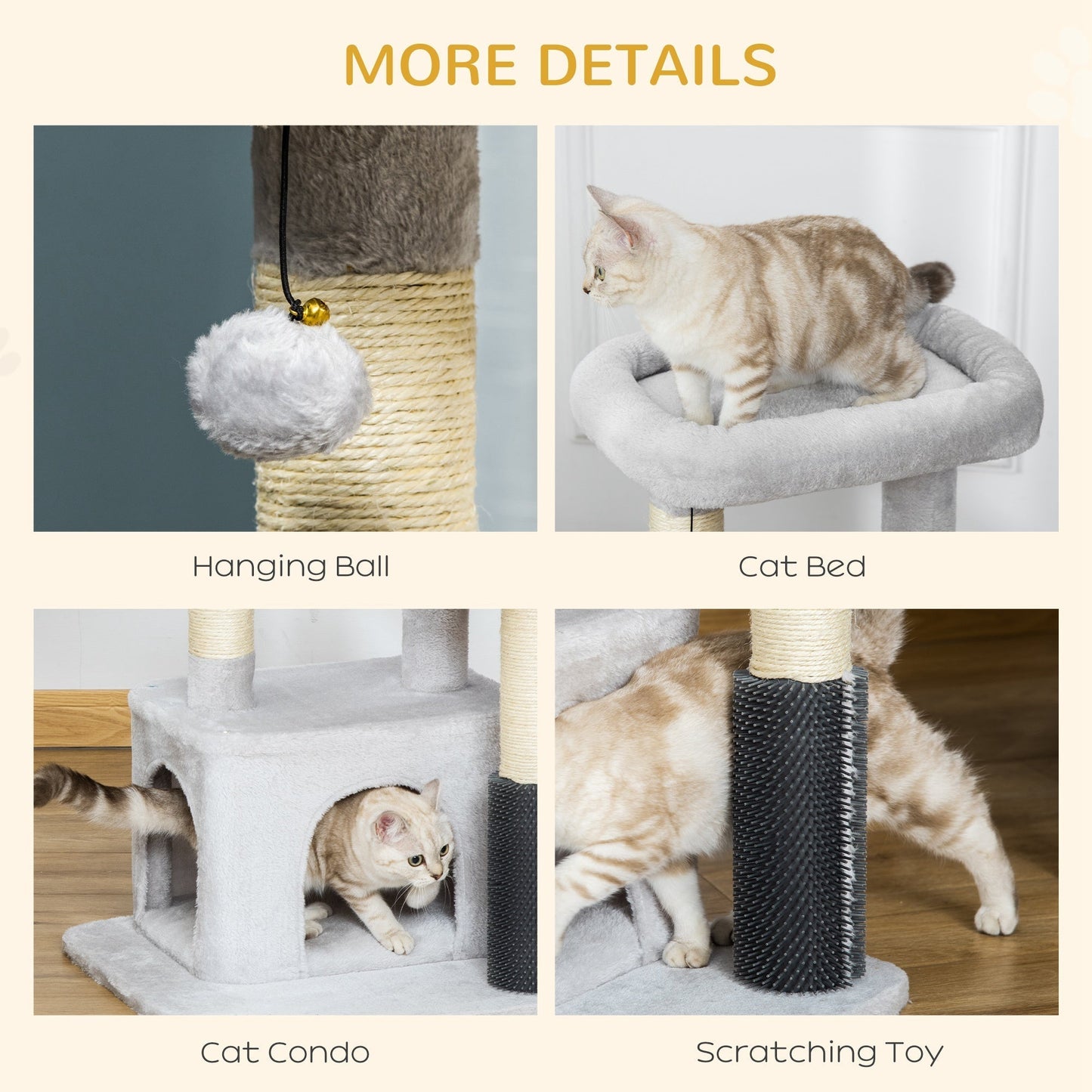 PawHut Cat Tree Tower تسلق مركز الأنشطة أثاث القطط مع لعبة تدليك السيزال بعد الخدش، سرير معلق على شكل كرة، جثم 48 × 48 × 80 سم، رمادي فاتح مع/