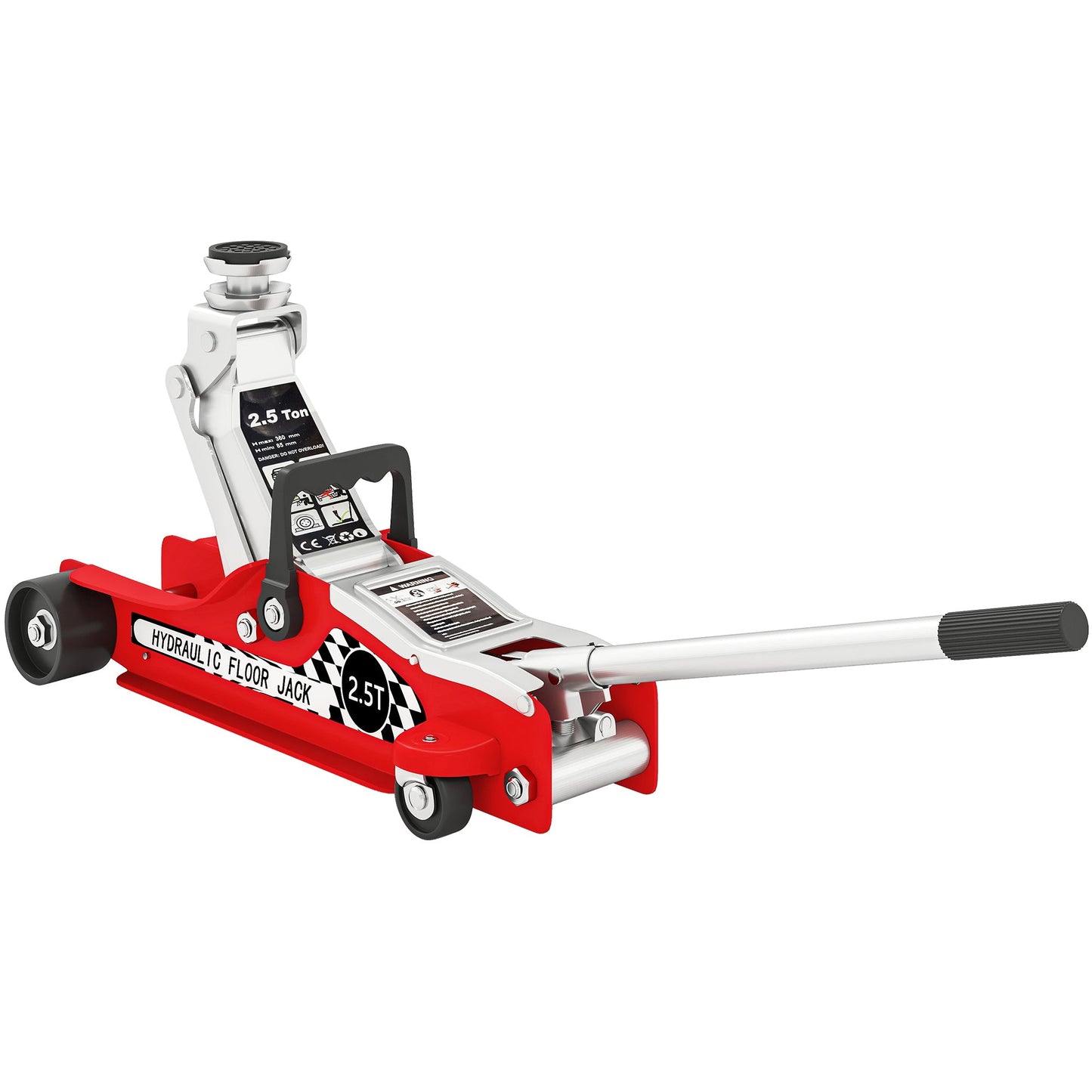 Podnośnik samochodowy hydrauliczny HOMCOM o niskim profilu, udźwig 2,5 tony, stalowy, o dużej wytrzymałości, z zakresem podnoszenia 80–360 mm, koła, uchwyt górny, kolor czerwony