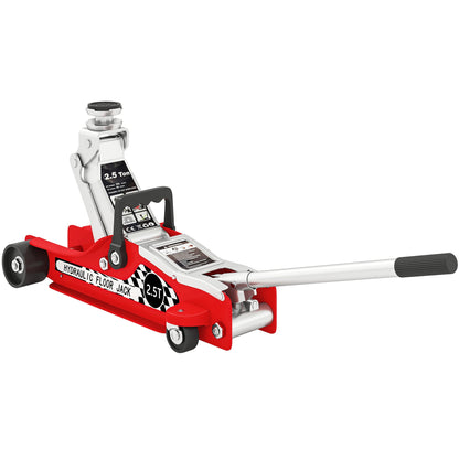 Podnośnik samochodowy hydrauliczny HOMCOM o niskim profilu, udźwig 2,5 tony, stalowy, o dużej wytrzymałości, z zakresem podnoszenia 80–360 mm, koła, uchwyt górny, kolor czerwony