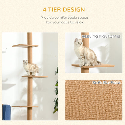 PawHut 260cm Floor To Ceiling Cat Tree for Indoor Cats w/ Three Platforms Activity Centre - Brown