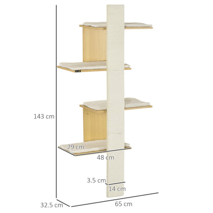 PawHut Four-Layer Wall-Mounted Shelf, with Cushions, Scratching Board - Oak Tone