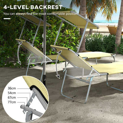 Outdoor Foldable Sun Lounger Set of 2 Reclining Chair With Angle Adjust Sun Shade Awning for Beach, Garden, Patio, Beige