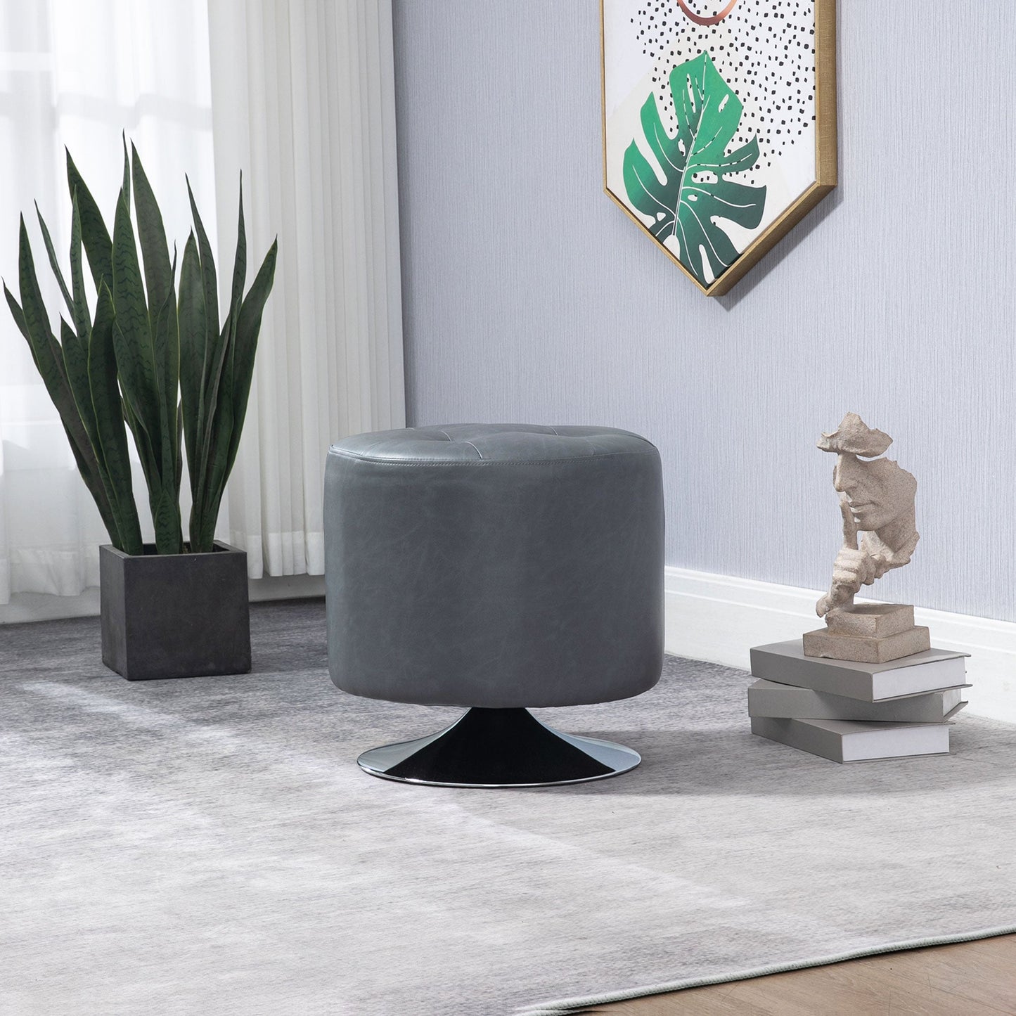 HOMCOM 360¡ Swivel Foot Stool Round PU Ottoman with Thick Sponge Padding and Solid Steel Base, Grey