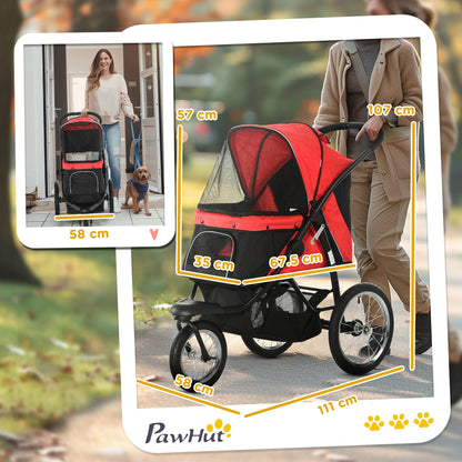 PawHut Foldable Pet Stroller with Three Wheels, for Small, Medium Dogs, Red