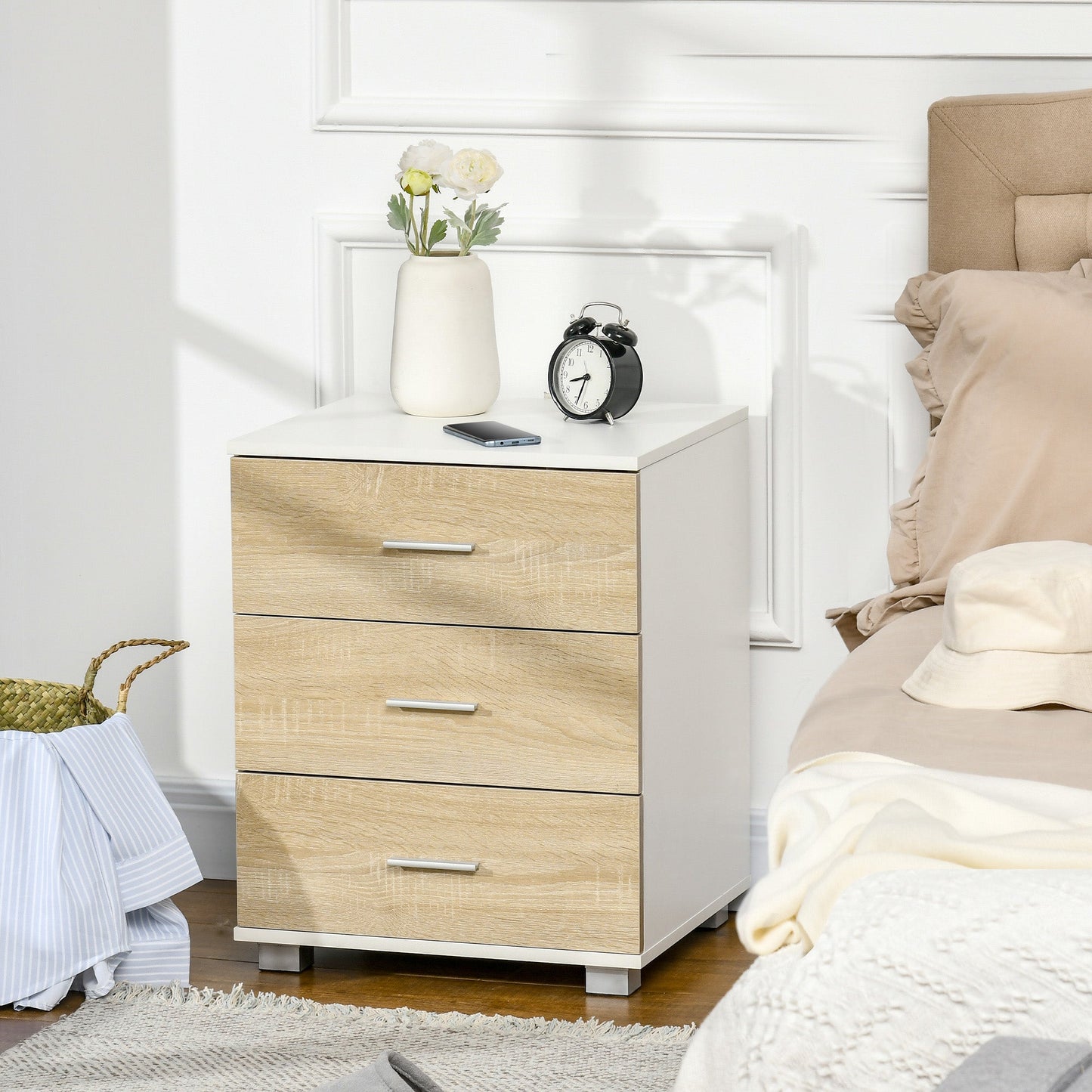 HOMCOM Bedside Table with 3 Drawers, Modern Nightstand, End Table for Bedroom, Living Room, Oak Effect