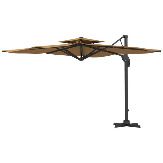 Outsunny Garden Parasol, 3(m) Cantilever Parasol with Hydraulic Mechanism, Dual Vented Top, 8 Ribs, Cross Base, Khaki