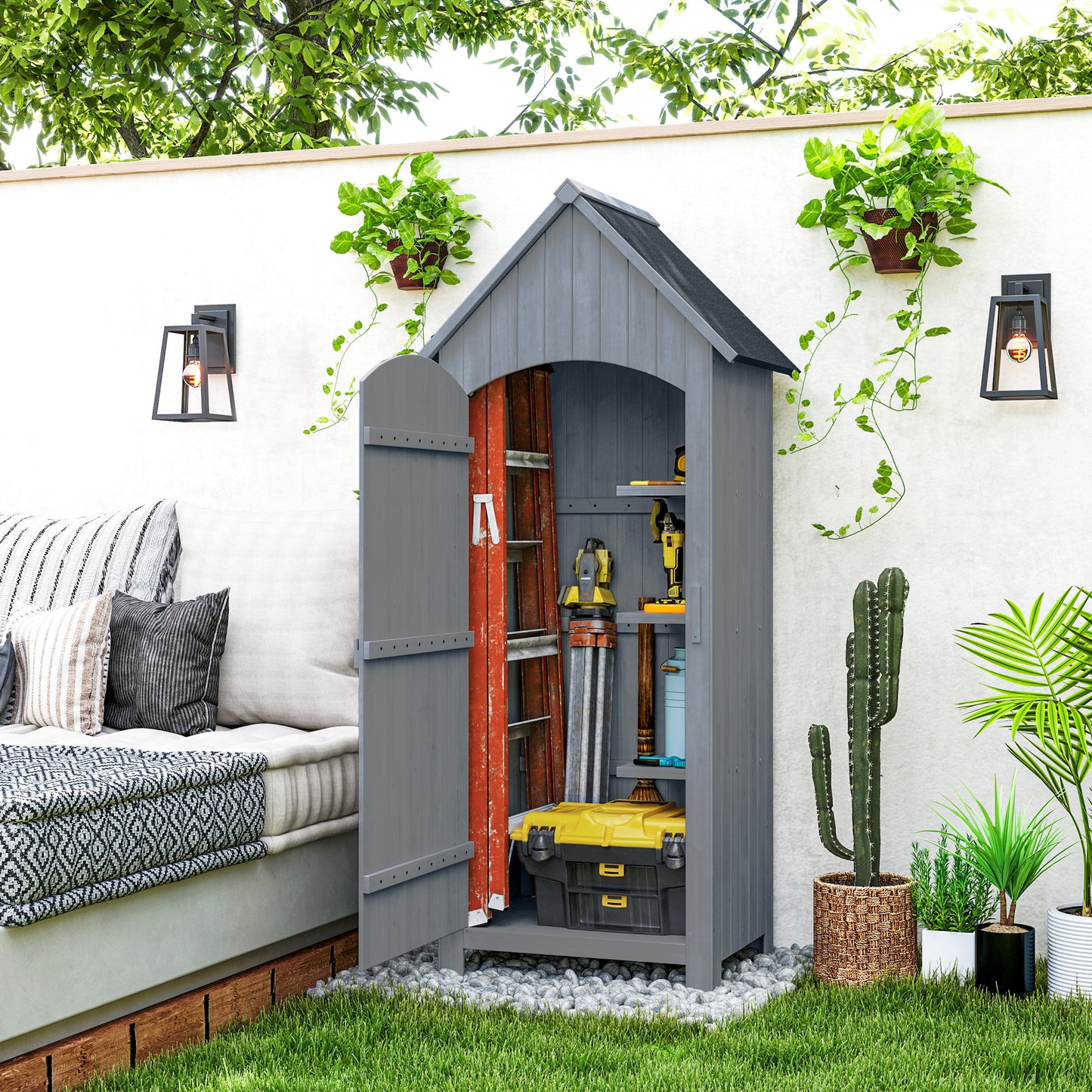 Outsunny Wooden Garden Storage Shed with 3 Shelves, Outdoor Tool Storage Cabinet with Tilt Roof and Lockable Door, 77.5 x 54.2 x 179.5 cm, Grey