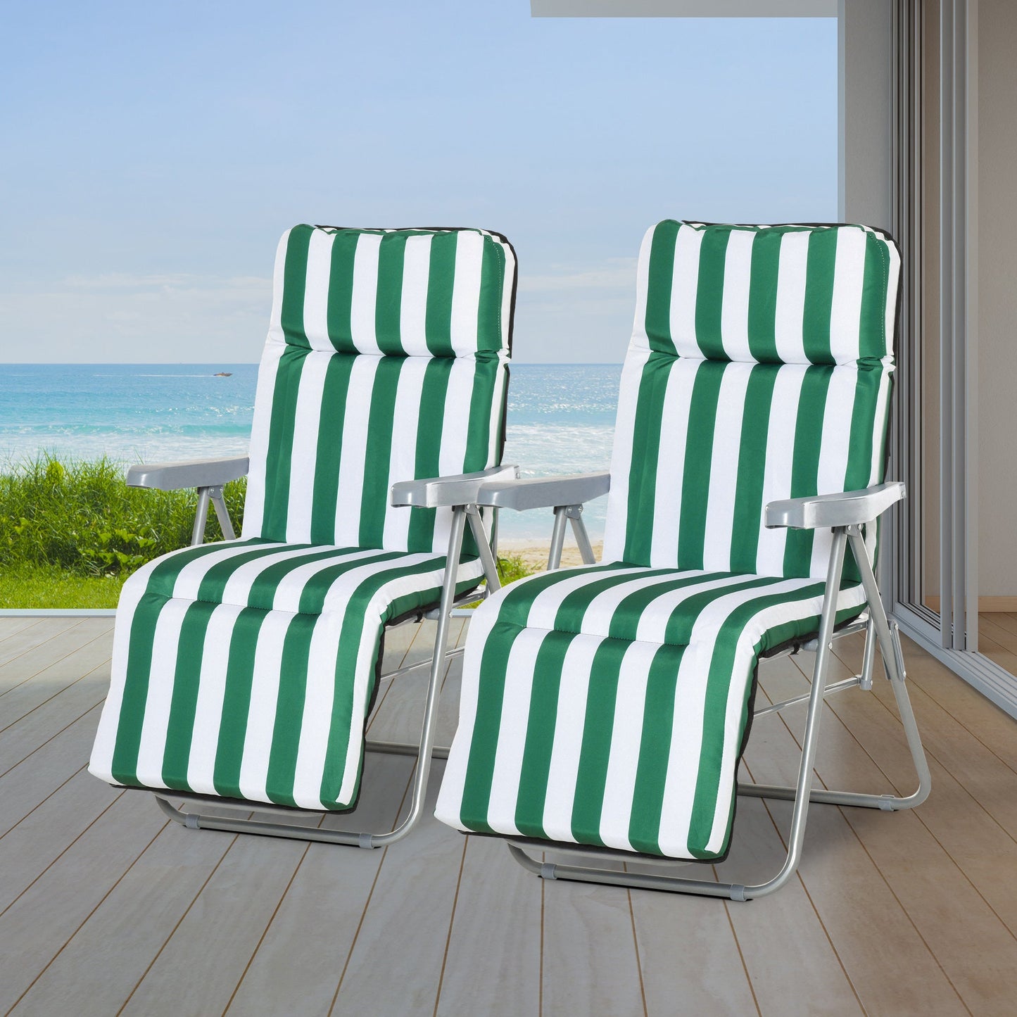 Outsunny 2 Pieces Outdoor Sun Lounger Set with Cushions, Patio Folding 5-Level Adjustable Backrest Recliner Chairs Set of 2 with High Backrest and Armrests, Green & White