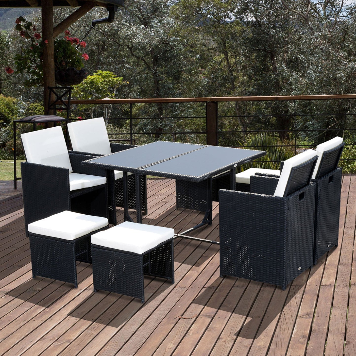 Outsunny 8 Seater Rattan Cube Garden Furniture Set, Rattan Dining Set with Cushions, Outdoor Dining Table and Chairs with 4 Armchairs, 4 Stools, Square Glass Top Table, Black