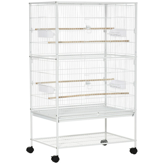 PawHut Duża klatka dla ptaków Budgie Cage dla Finch Kanarki Papużki z ruchomym stojakiem, wysuwaną tacą, półką do przechowywania, pojemnikami na żywność, biała